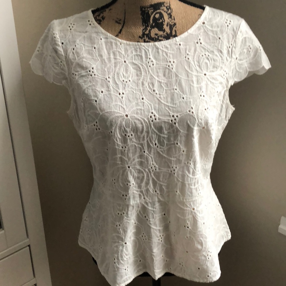 LOFT White, floral embroidered, peplum blouse